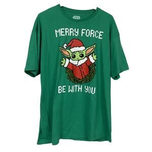 Star Wars T Shirt Mens 2XL Mandalorian Grogu Merry Force Be With You Christmas